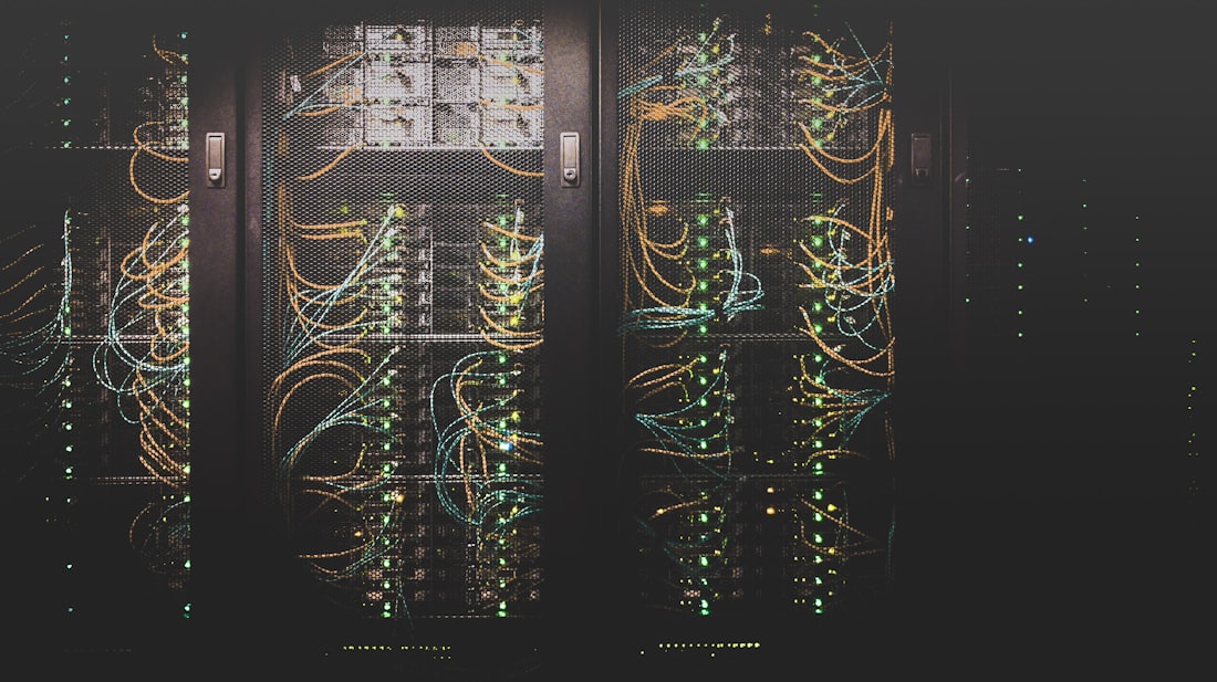 Network server racks with cabling in a data centre lab