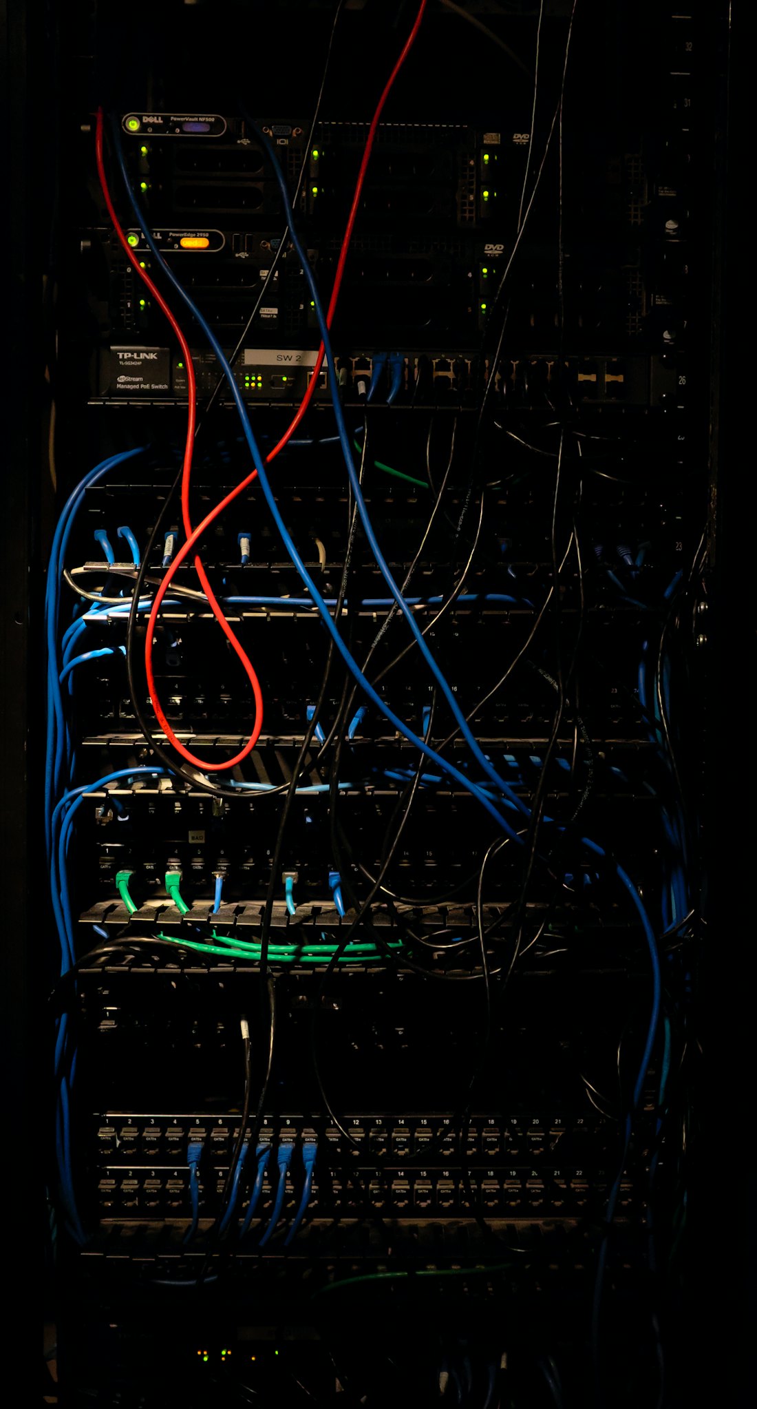 Server room with rows of networking equipment